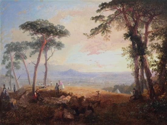 James Baker Pyne (1800-1870) Extensive landscape with figures beneath pine trees in the foreground 15.25 x 20in.